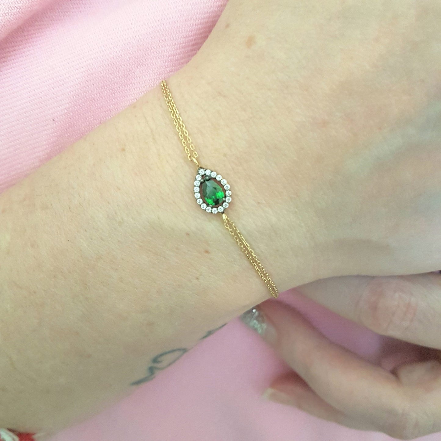 14K Solid Gold Emerald Bracelet for Women , Gift for Her , Dainty Teardrop Emerald Bracelet , May Birthstone Bracelet , Birthday Gift