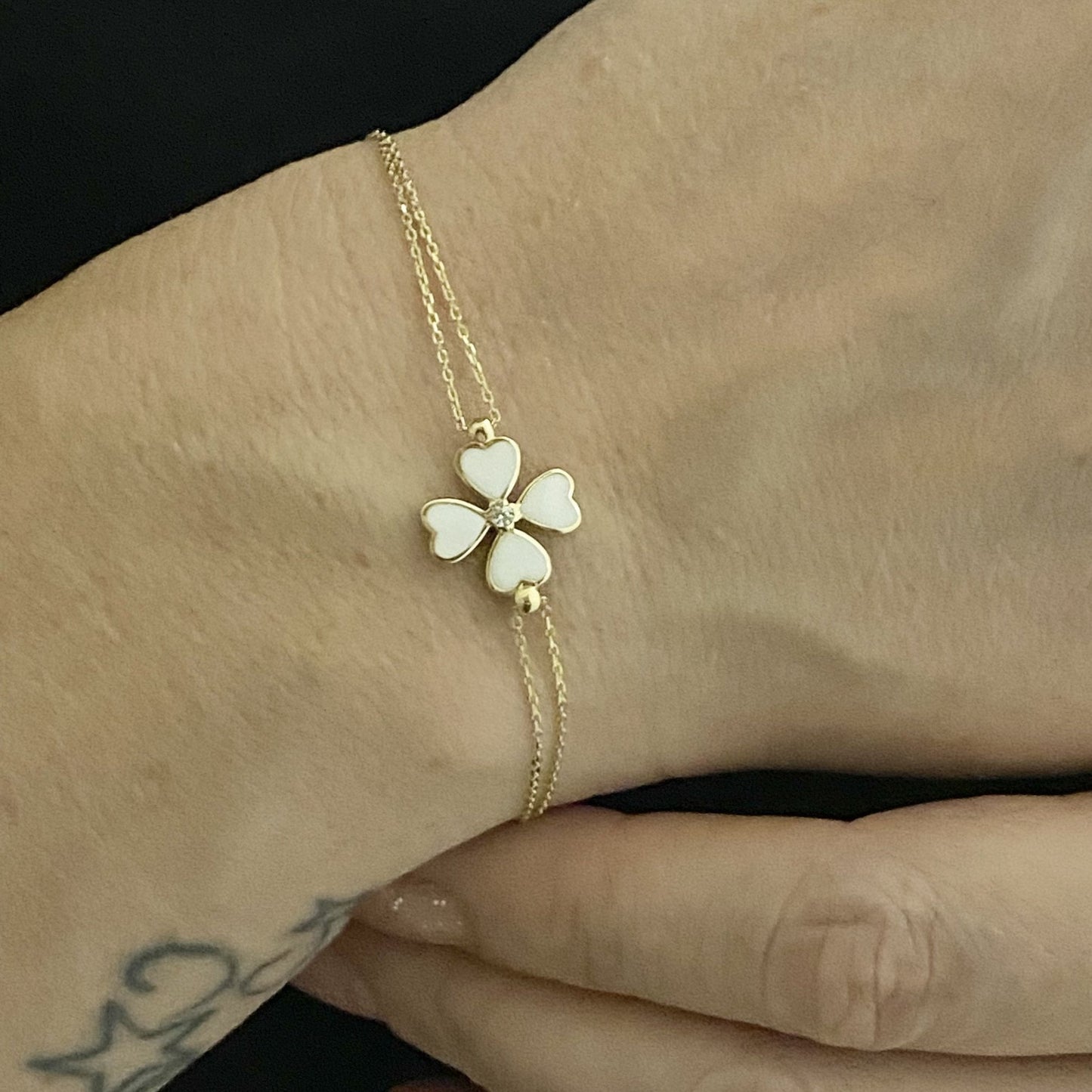 14K Solid Gold Four Leaf Clover Bracelet , Gift for Her ,Four Leaf Green Clover Gold, Charm Bracelet, Gold Clover Bracelet ,Birthday Gift