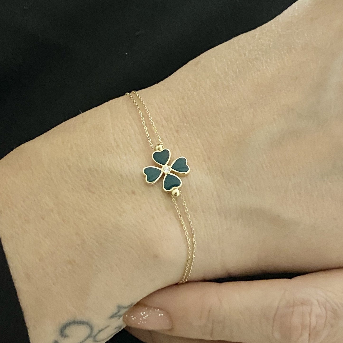 14K Solid Gold Four Leaf Clover Bracelet , Gift for Her ,Four Leaf Green Clover Gold, Charm Bracelet, Gold Clover Bracelet ,Christmas Day gift