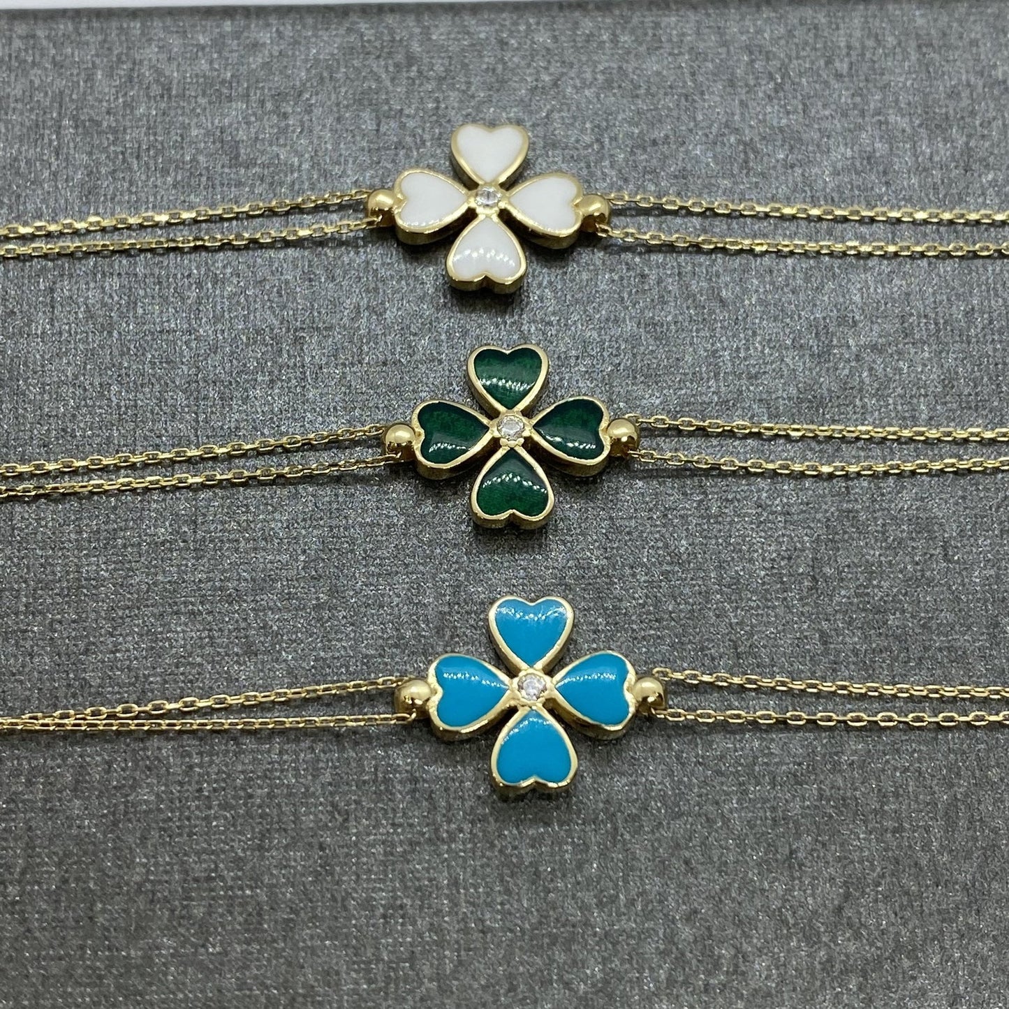 14K Solid Gold Four Leaf Clover Bracelet , Gift for Her ,Four Leaf Green Clover Gold, Charm Bracelet, Gold Clover Bracelet ,Handmade Jewelry, birthday gift