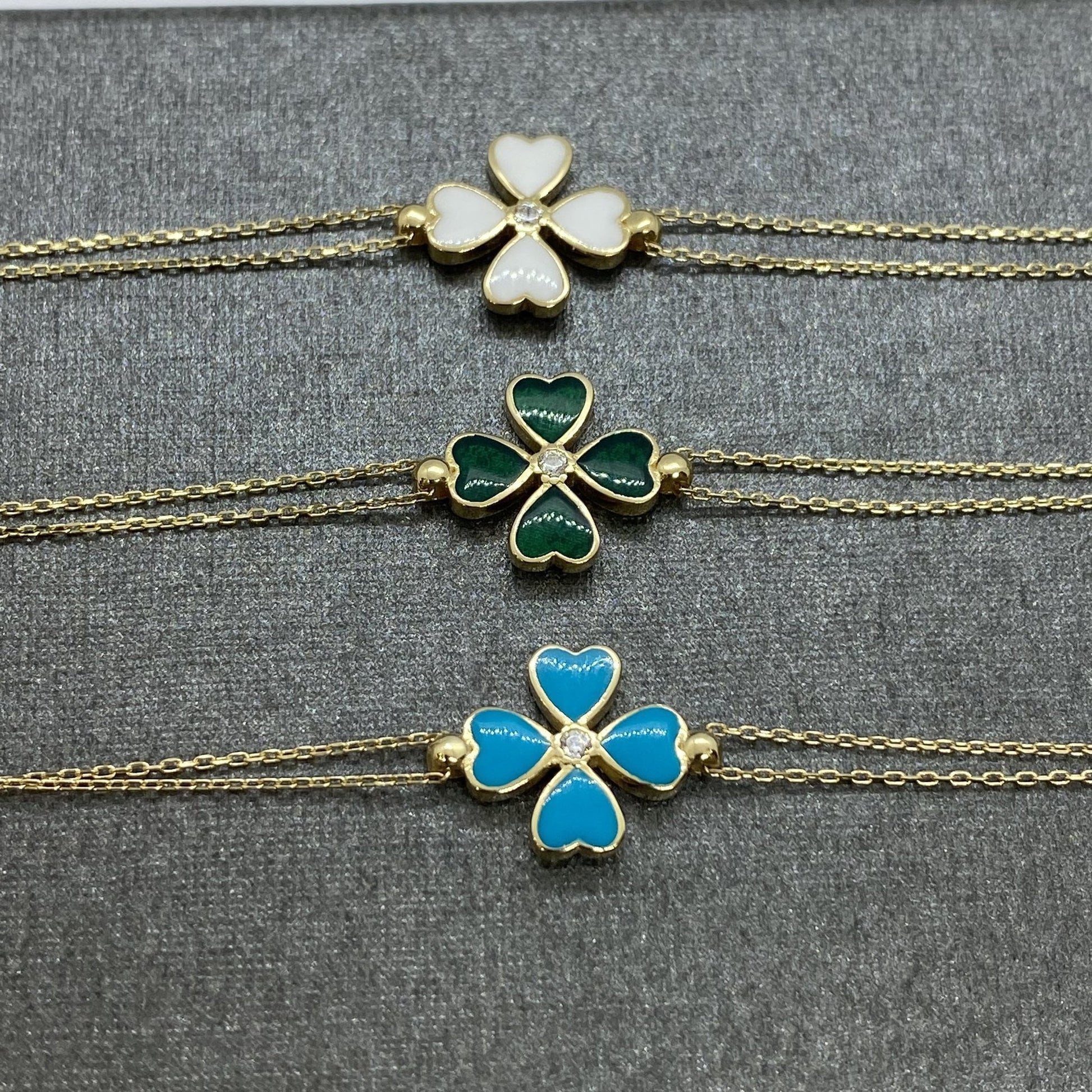 14K Solid Gold Four Leaf Clover Bracelet , Gift for Her ,Four Leaf Green Clover Gold, Charm Bracelet, Gold Clover Bracelet ,Handmade Jewelry, birthday gift