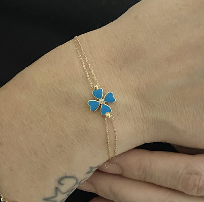 14K Solid Gold Four Leaf Clover Bracelet , Gift for Her ,Four Leaf Green Clover Gold, Charm Bracelet, Gold Clover Bracelet ,Mother's Day gift