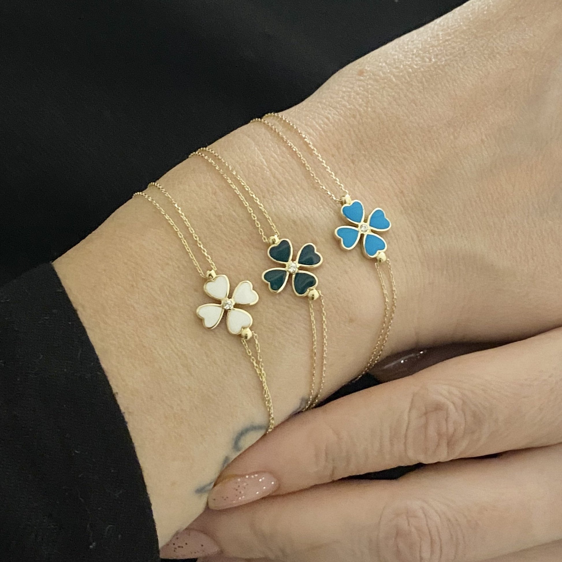 14K Solid Gold Four Leaf Clover Bracelet , Gift for Her ,Four Leaf Green Clover Gold, Charm Bracelet, Gold Clover Bracelet for women