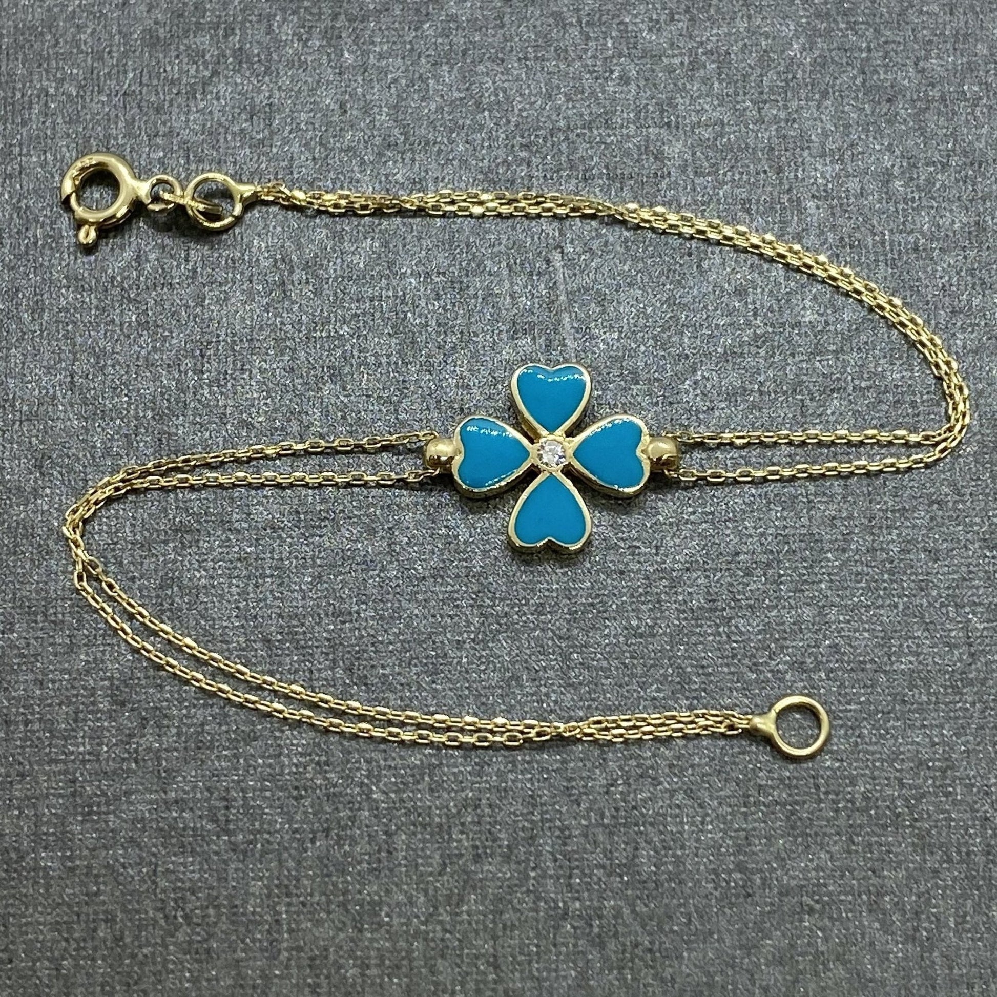 14K Solid Gold Four Leaf Clover Bracelet for Women, Four Leaf Green Clover Gold, Charm Bracelet, Gold Clover Bracelet ,Handmade Jewelry