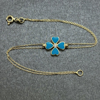 14K Solid Gold Four Leaf Clover Bracelet for Women, Four Leaf Green Clover Gold, Charm Bracelet, Gold Clover Bracelet ,Handmade Jewelry