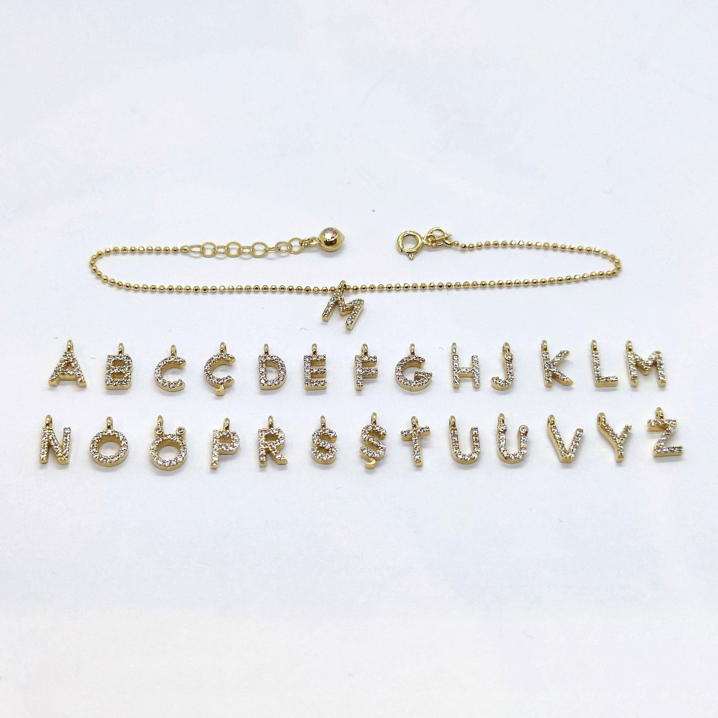 Initial Bracelet for Women A-Z Custom Letters with White Zirconia Stone Adjustable Personalized 14K Real Solid Gold yellow gold chain Alphabet.