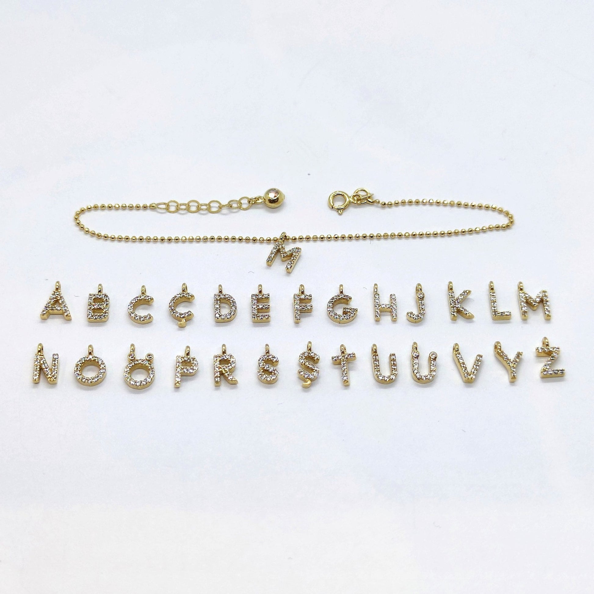 Initial Bracelet for Women A-Z Custom Letters with White Zirconia Stone Adjustable Personalized 14K Real Solid Gold yellow gold chain Alphabet.