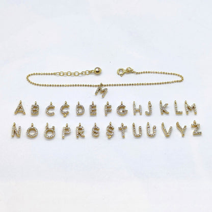 Initial Bracelet for Women A-Z Custom Letters with White Zirconia Stone Adjustable Personalized 14K Real Solid Gold yellow gold chain Alphabet.