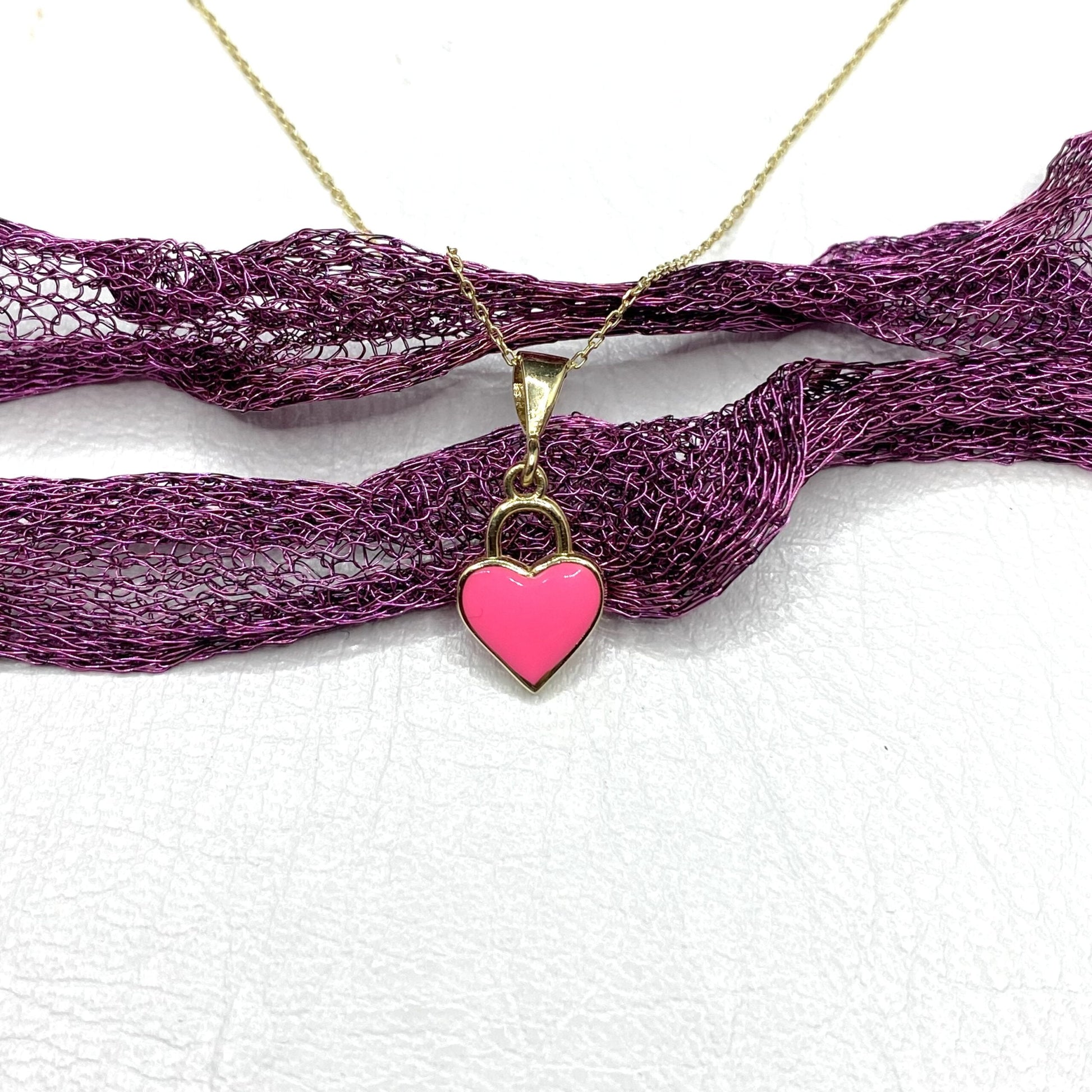 14K Solid Gold Pink Heart Necklace for Women , Gold Heart Pendant , Dainty Charm Pink Heart , Birthday Gifts, Christmas Gift for her