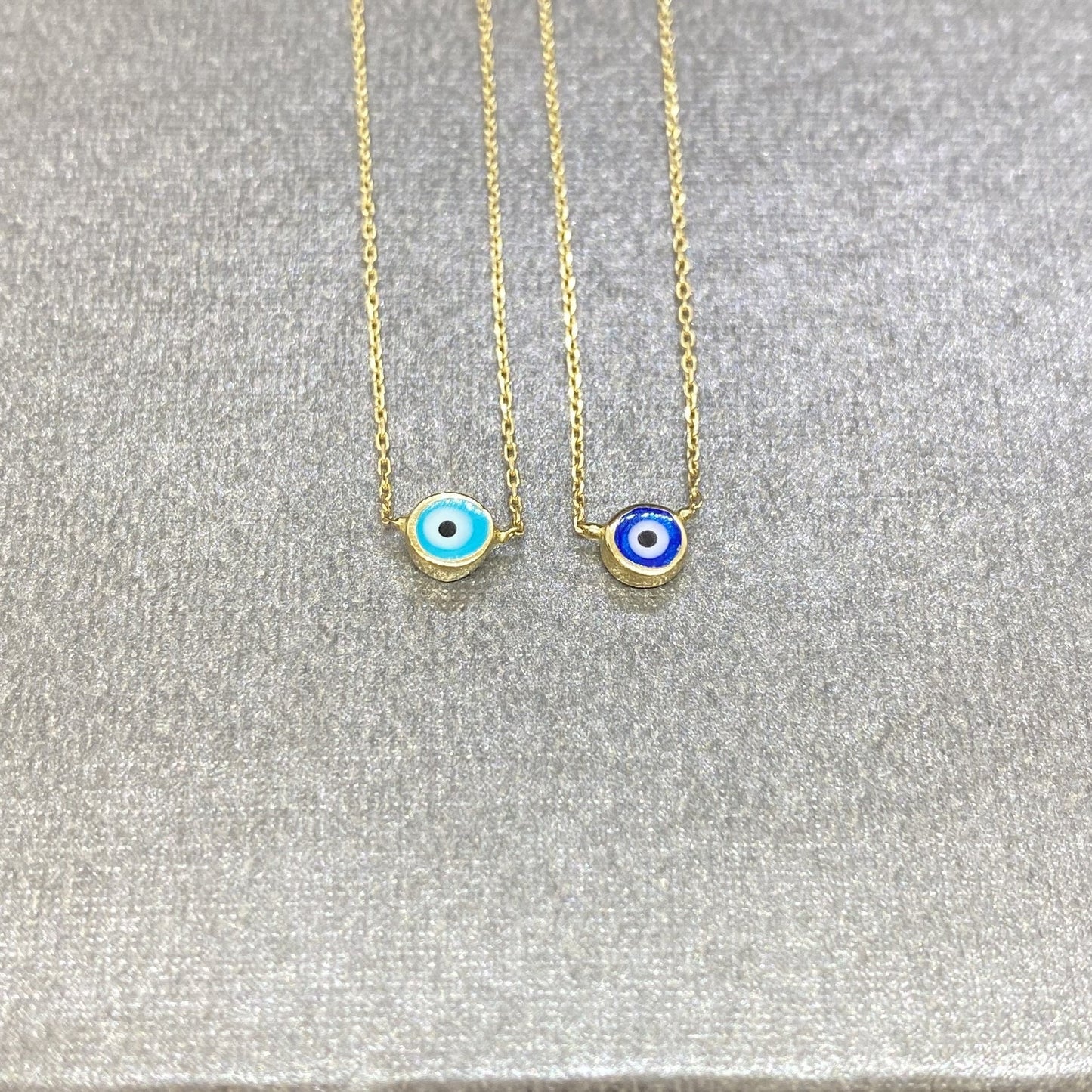 14K Real Solid Yellow Gold Evil Eye Necklace For Women , Navy Blue or Turquoise