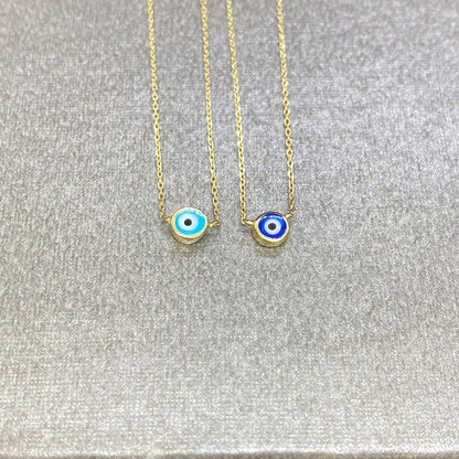 14K Real Solid Yellow Gold Evil Eye Necklace For Women , Navy Blue or Turquoise
