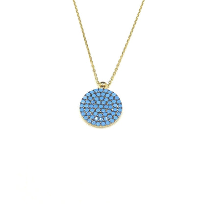 14K Solid Gold Turquoise Necklace for Women , Round Pave Turquoise Pendant , December Birthstone Necklace , Christmas Birthday gift for her