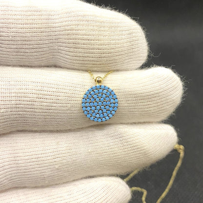 14K Solid Gold Turquoise Necklace for Women , Round Pave Turquoise Pendant , December Birthstone Necklace , Christmas Birthday gift for mom