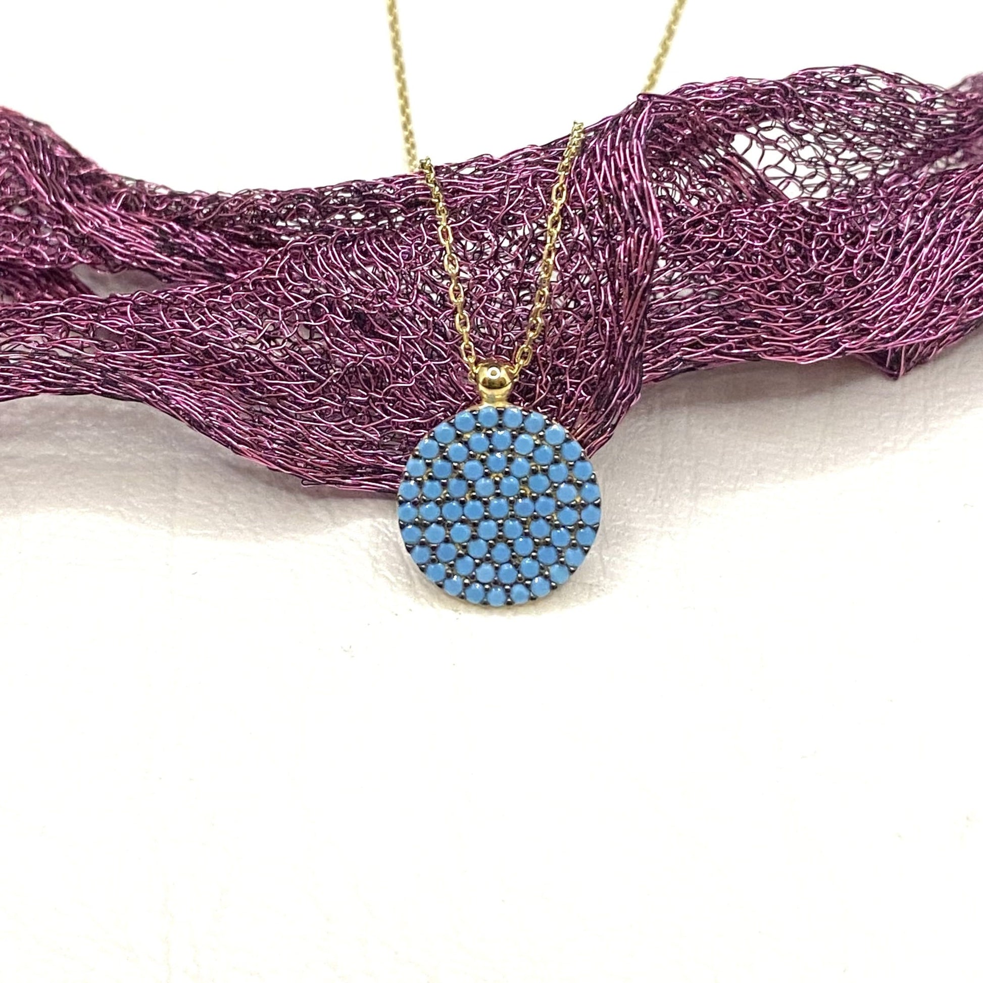 14K Solid Gold Turquoise Necklace for Women , Round Pave Turquoise Pendant , December Birthstone Necklace , Christmas gift for her