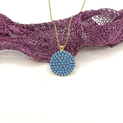 14K Solid Gold Turquoise Necklace for Women , Round Pave Turquoise Pendant , December Birthstone Necklace , Christmas gift for her