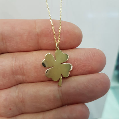 14K Real Solid Gold Elegant Four Leaf Clover Charm Dainty Trendy Pendant Necklace for Good Luck Best Birthday Gift for Lucky Women