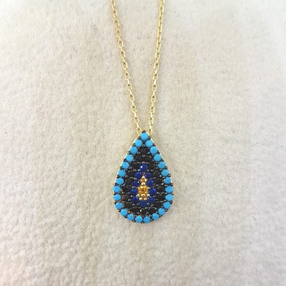 14K Real Solid Gold TearDrop and Evil Eye Design with Zirconia Stones Charm Dainty Delicate Elegant Trendy Pendant Necklace best birthday gift for women Jewelry girlfriend mom