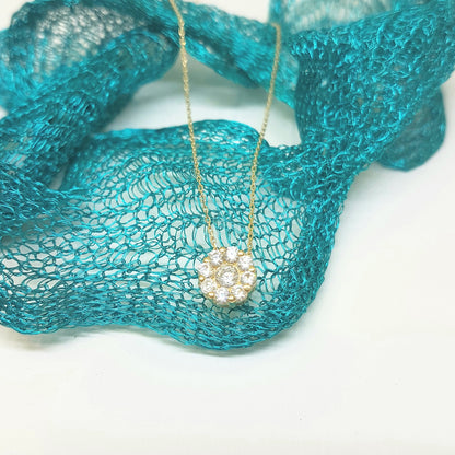 14K Gold Sun Sunflower Round Circle Disc Flower with Zirconia Stones Cute Charm Tiny Dainty Delicate Trendy Pendant Necklace best birthday gift for Women Jewelry girlfriend mom