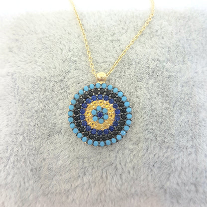 14K Real Gold Round Circle Evil Eye Design with Zirconia Stones Charm Dainty Elegant Delicate Trendy Pendant Necklace best birthday gift for women jewelry girlfriend mom sun sunflower turquoise