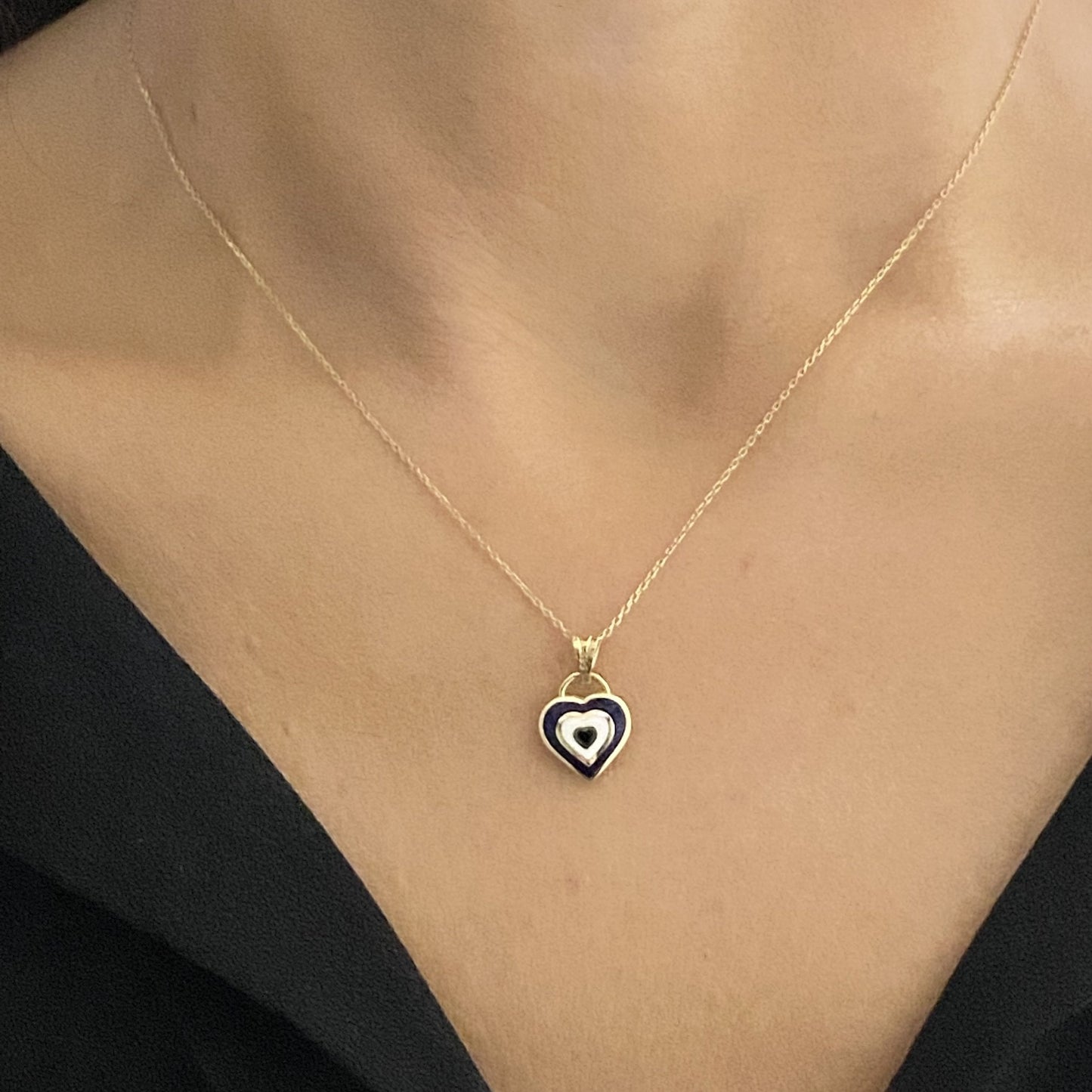 14K Solid yellow Gold Heart Evil Eye Pendant Necklace for Women , Heart Shaped Navy Blue or Turquise Evil Eye Necklace , Handmade Jewelry Gift