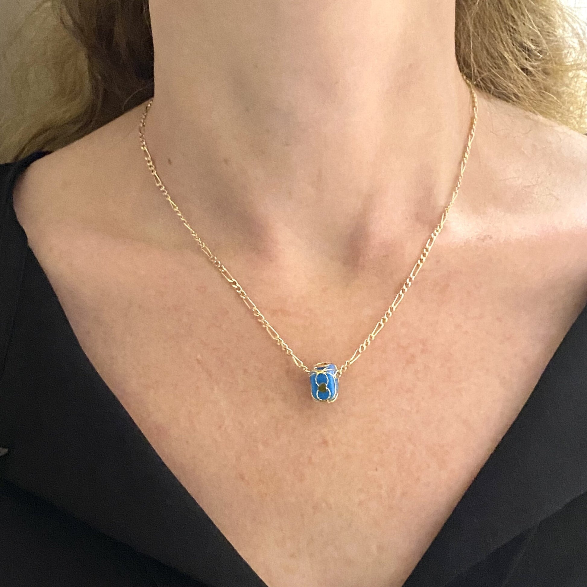 14K Yellow Gold Figaro Necklace , Figaro Chain Necklace with Turquise Birthstone , Link Necklace , Gold Chain Necklace for Men Women