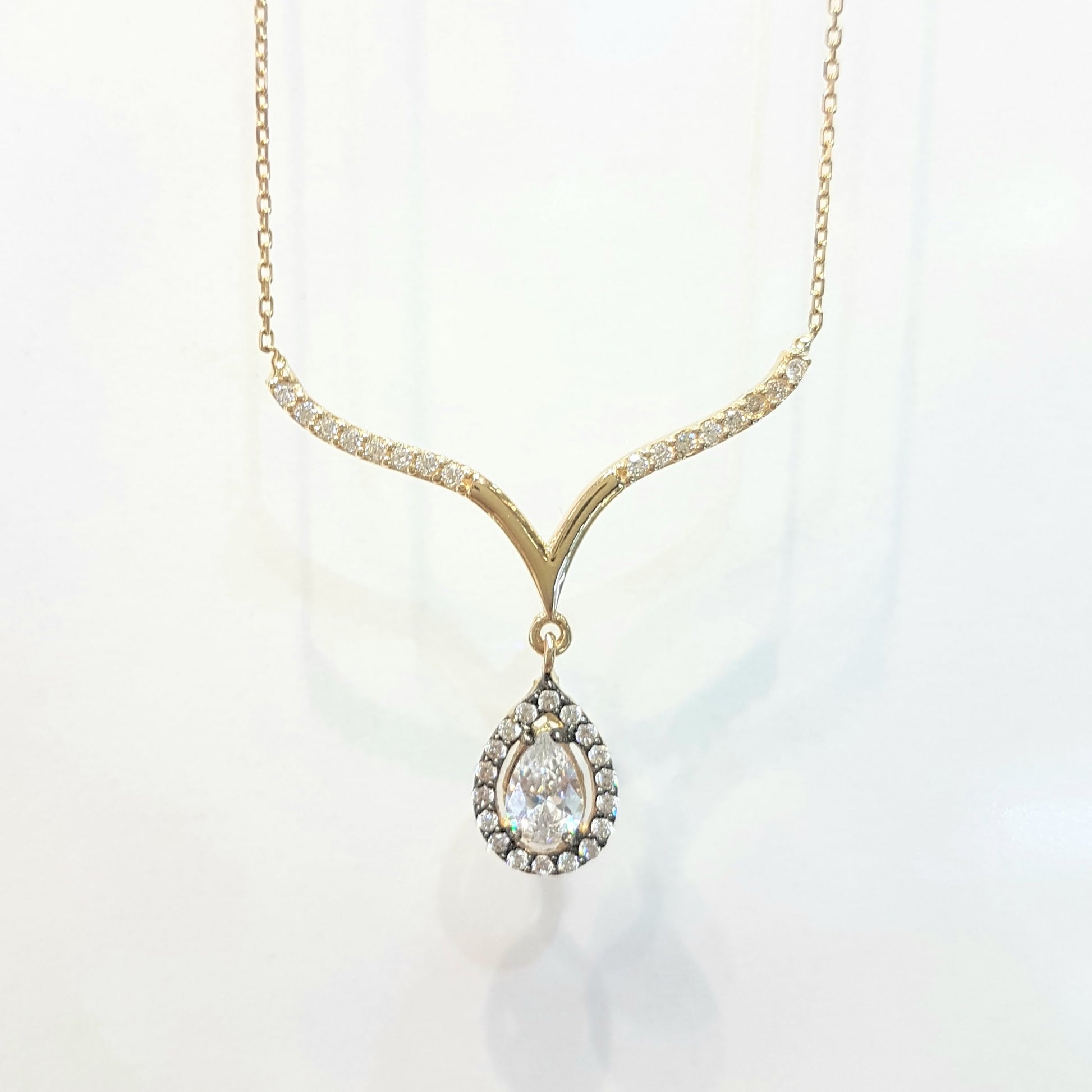 14K Real Solid Yellow Gold Tear Drop Halo Cubic Zirconia Necklace Choker Pendant Jewelry for Women's Wedding Bridal