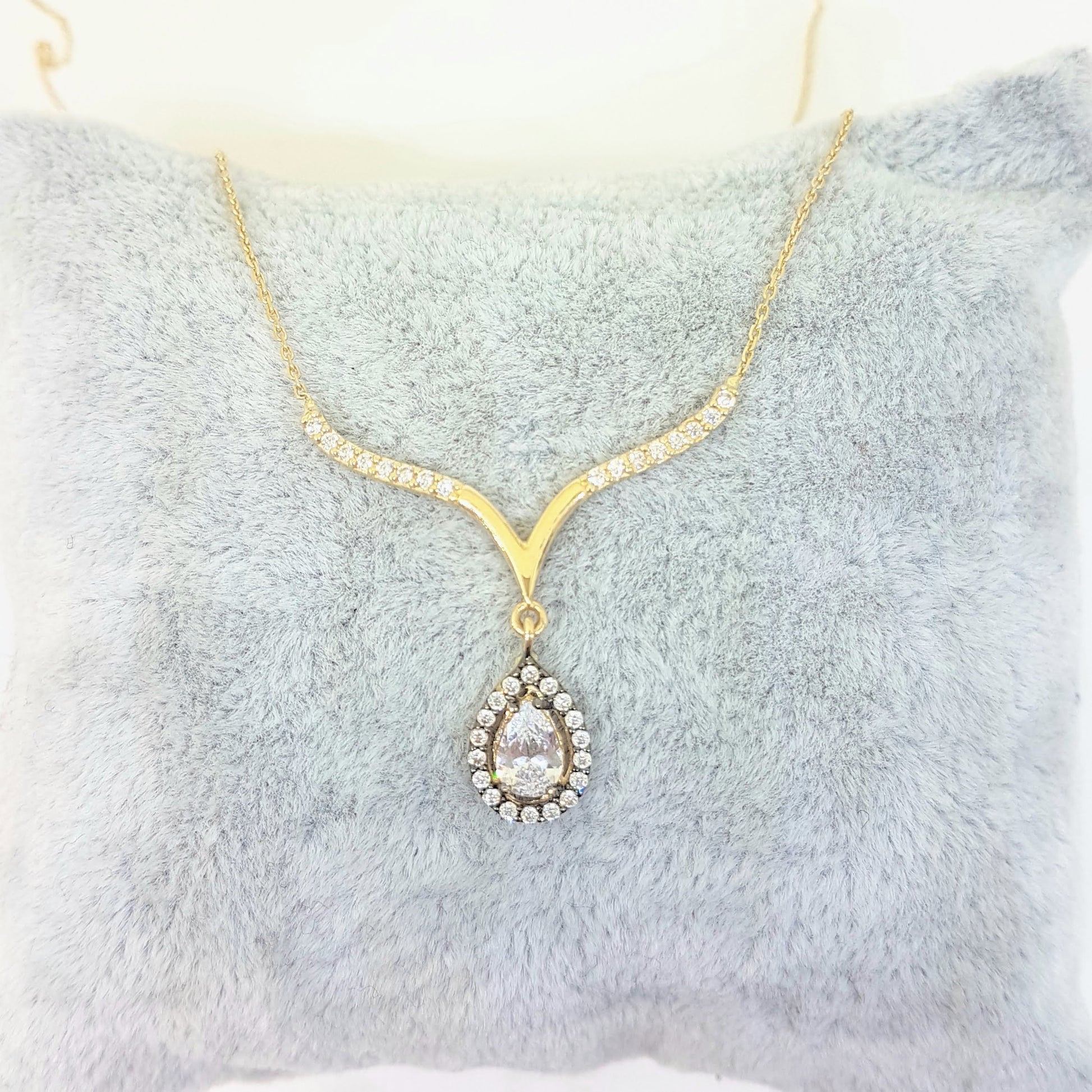 14K Real Solid Yellow Gold Tear Drop Halo Cubic Zirconia Necklace Choker Pendant Jewelry for Women's Wedding Bridal