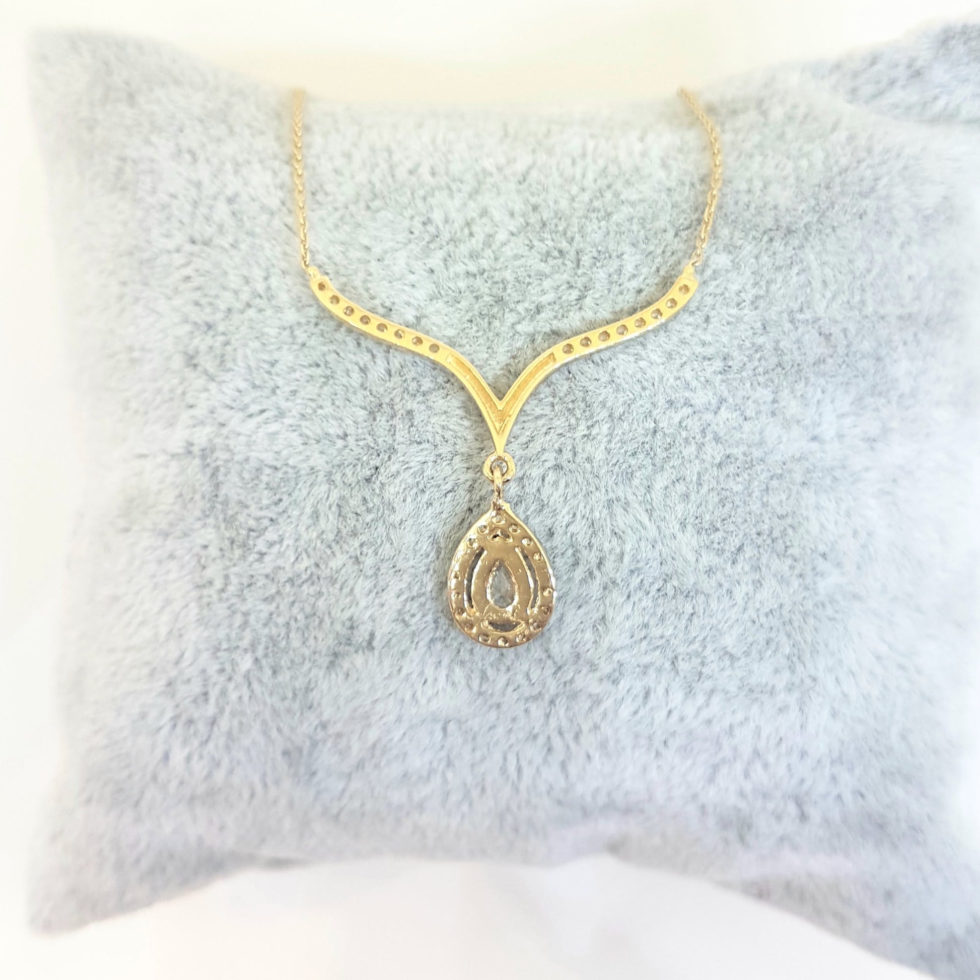 14K Real Solid Yellow Gold Tear Drop Halo Cubic Zirconia Necklace Choker Pendant Jewelry for Women's Wedding Bridal