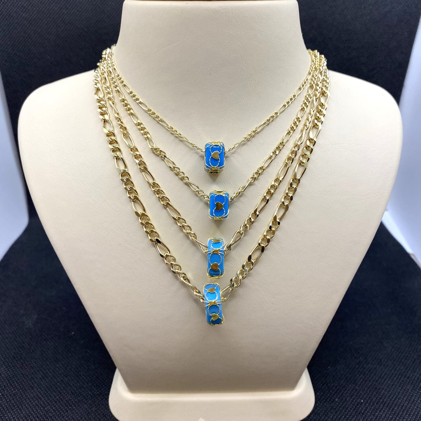 14K Yellow Solid Gold Figaro Necklace , Figaro Chain Necklace with Turquoise Birthstone , Link Necklace , Gold Chain Necklace for Men Women