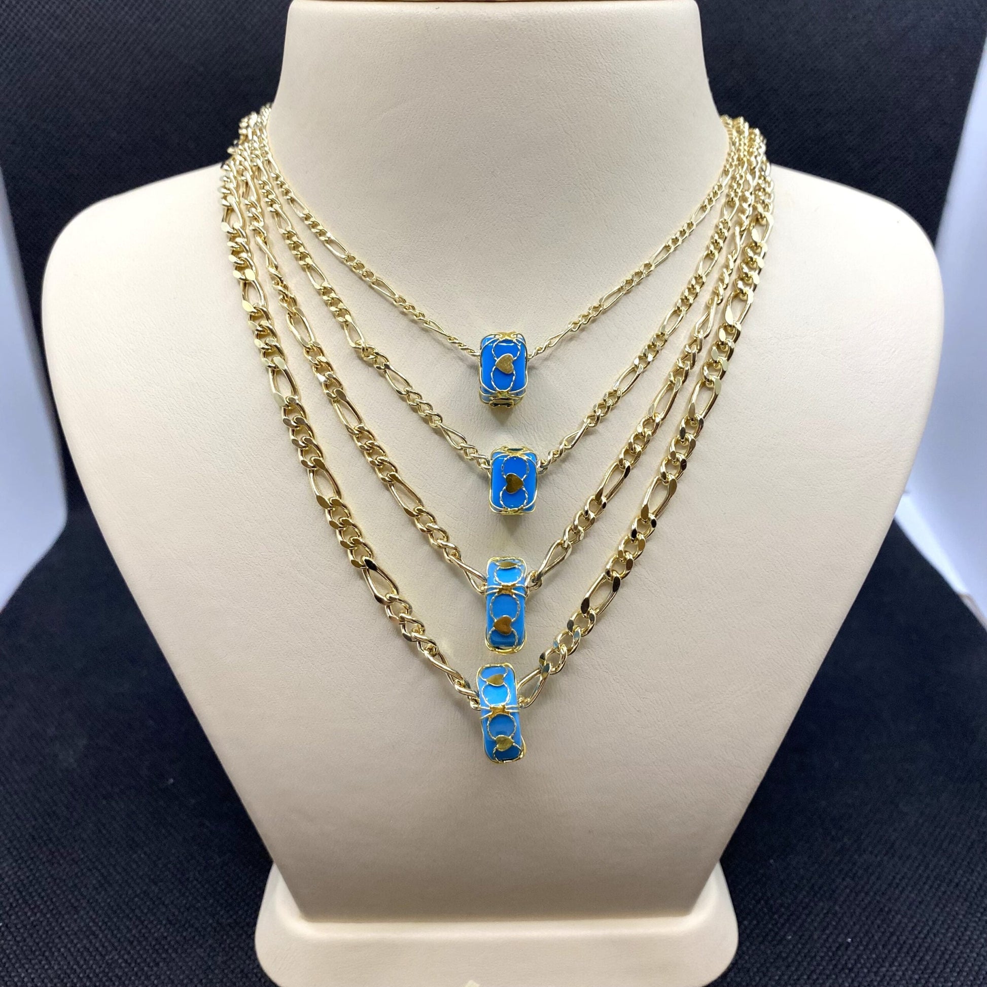 14K Yellow Solid Gold Figaro Necklace , Figaro Chain Necklace with Turquoise Birthstone , Link Necklace , Gold Chain Necklace for Men Women
