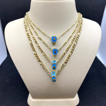 14K Yellow Solid Gold Figaro Necklace , Figaro Chain Necklace with Turquoise Birthstone , Link Necklace , Gold Chain Necklace for Men Women