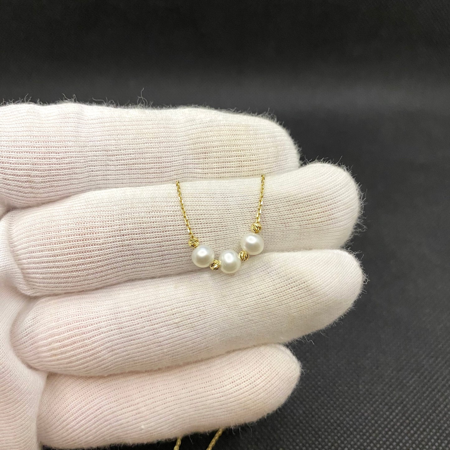14K Real Solid Gold Single Beaded Ball and Pearl Necklace for Women
