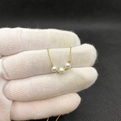 14K Real Solid Gold Single Beaded Ball and Pearl Necklace for Women