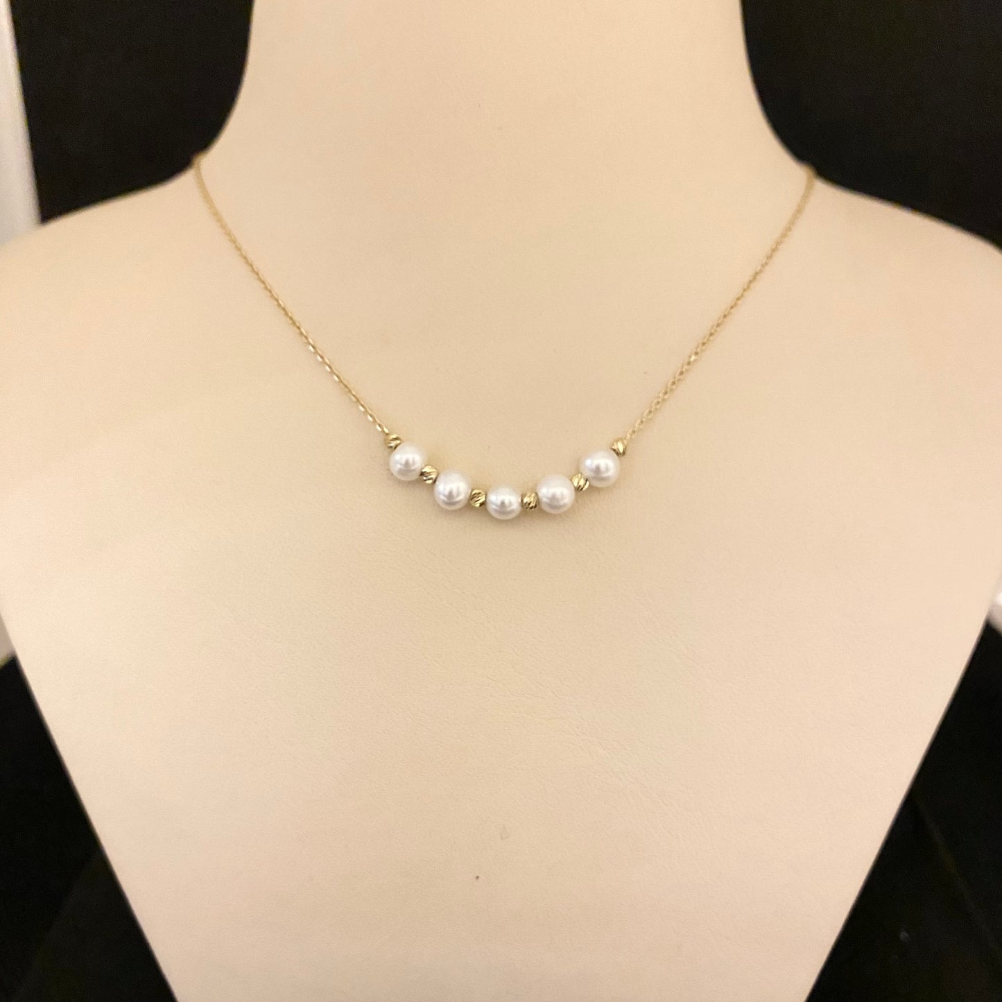 14K Real Solid Gold Single Beaded Ball and Pearl Necklace for Women