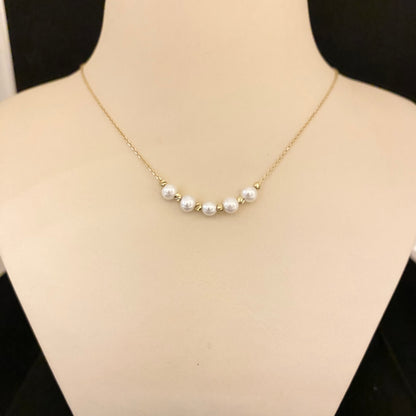 14K Real Solid Gold Single Beaded Ball and Pearl Necklace for Women