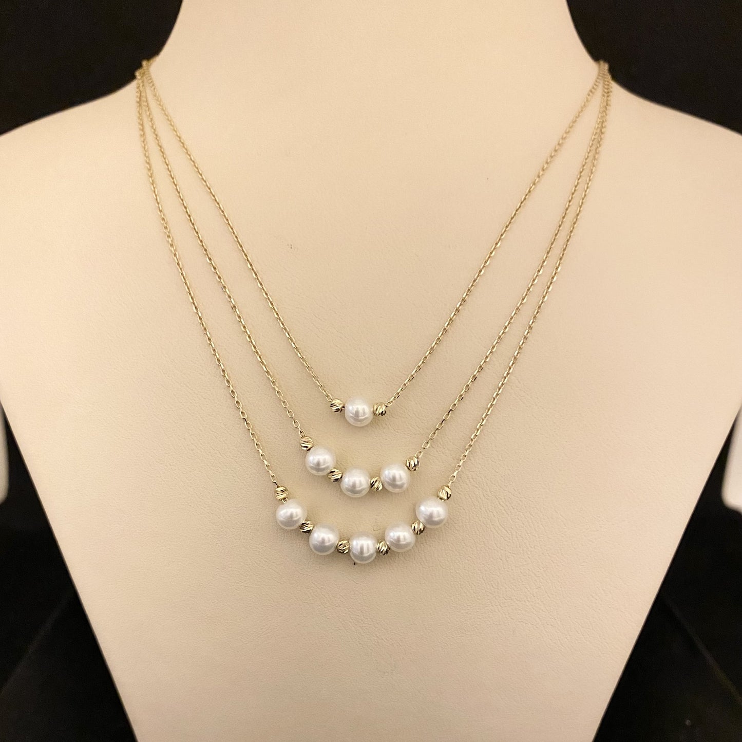 14K Real Solid Gold Single Beaded Ball and Pearl Necklace for Women