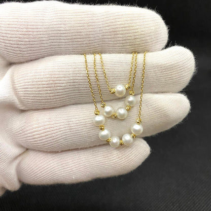 14K Real Solid Gold Single Beaded Ball and Pearl Necklace for Women