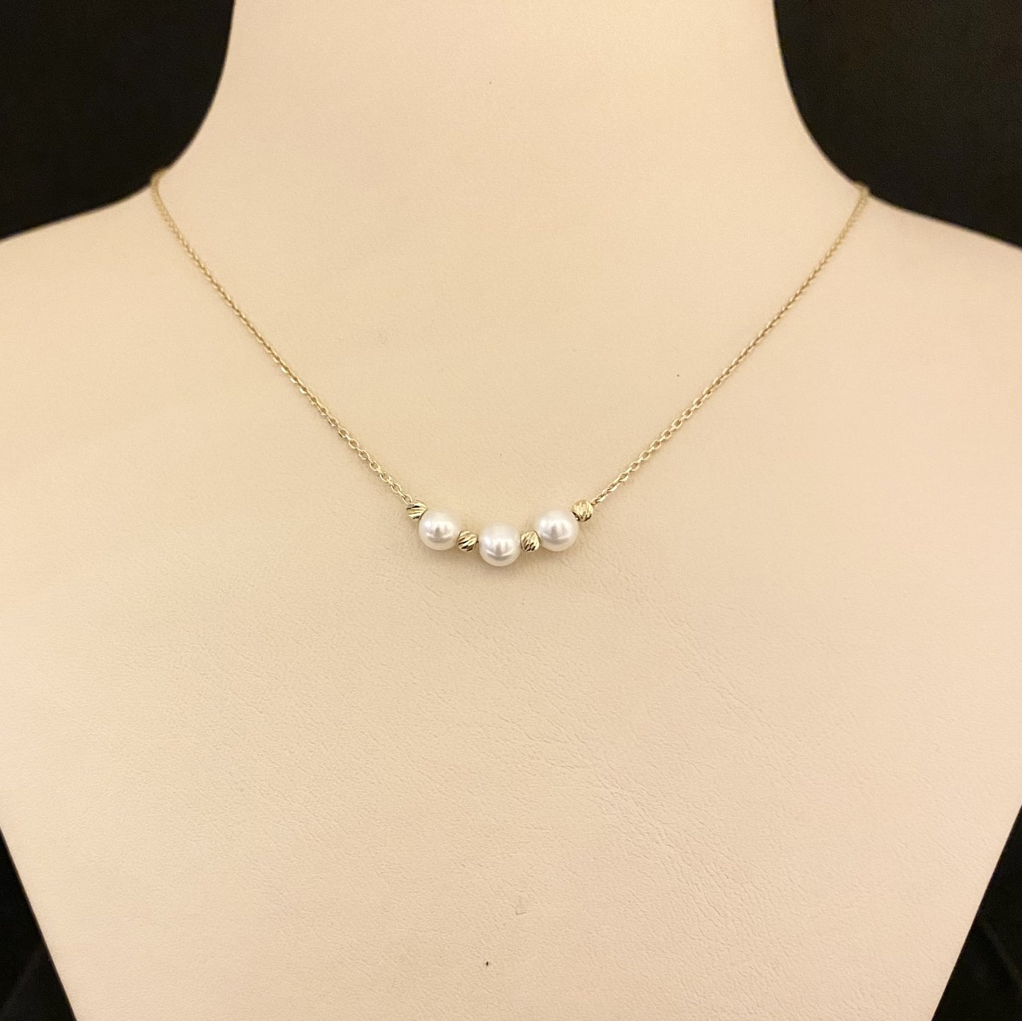 14K Real Solid Gold Single Beaded Ball and Pearl Necklace for Women