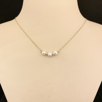 14K Real Solid Gold Single Beaded Ball and Pearl Necklace for Women