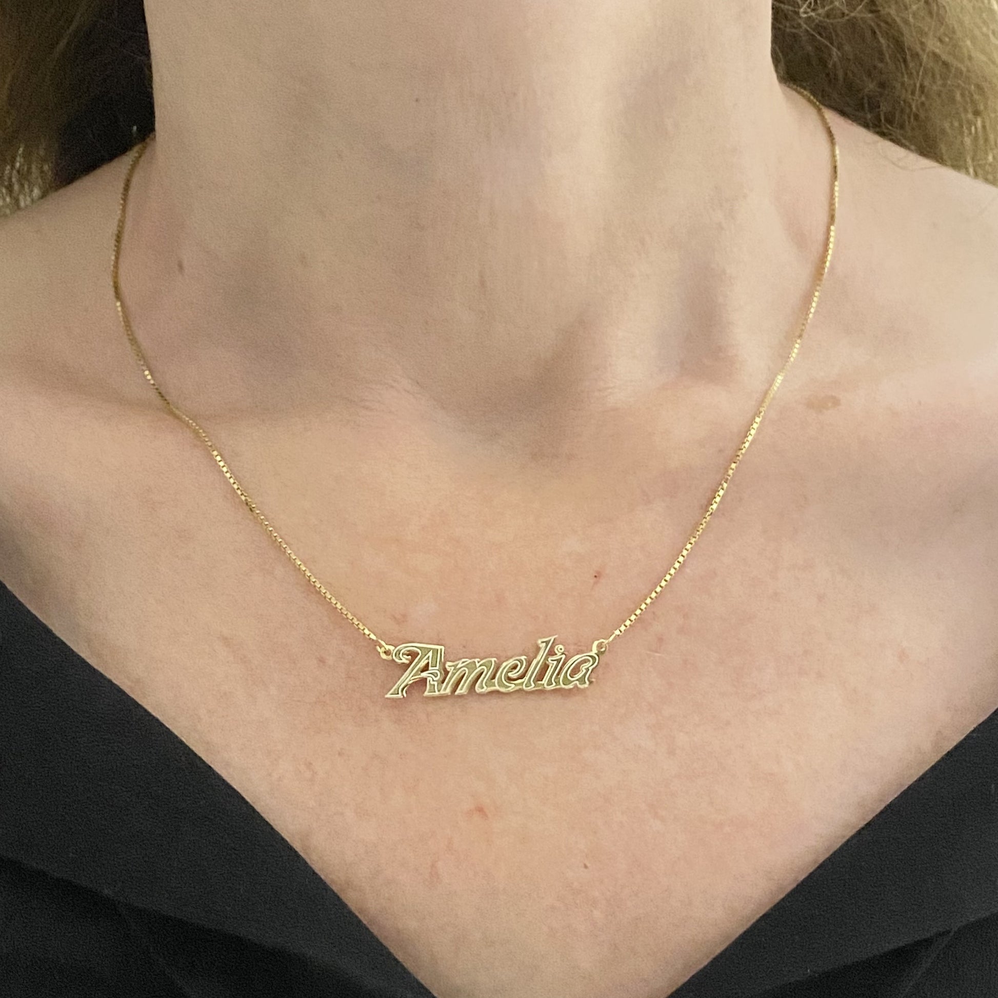 14K Solid Gold Bold Custom Name Necklace with Optional Laser Lines