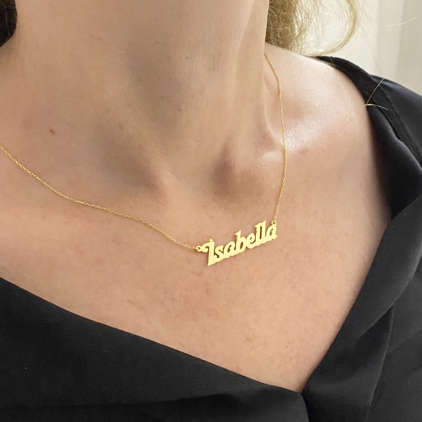 14K Solid Gold Bold Custom Name Necklace with Optional Laser Lines