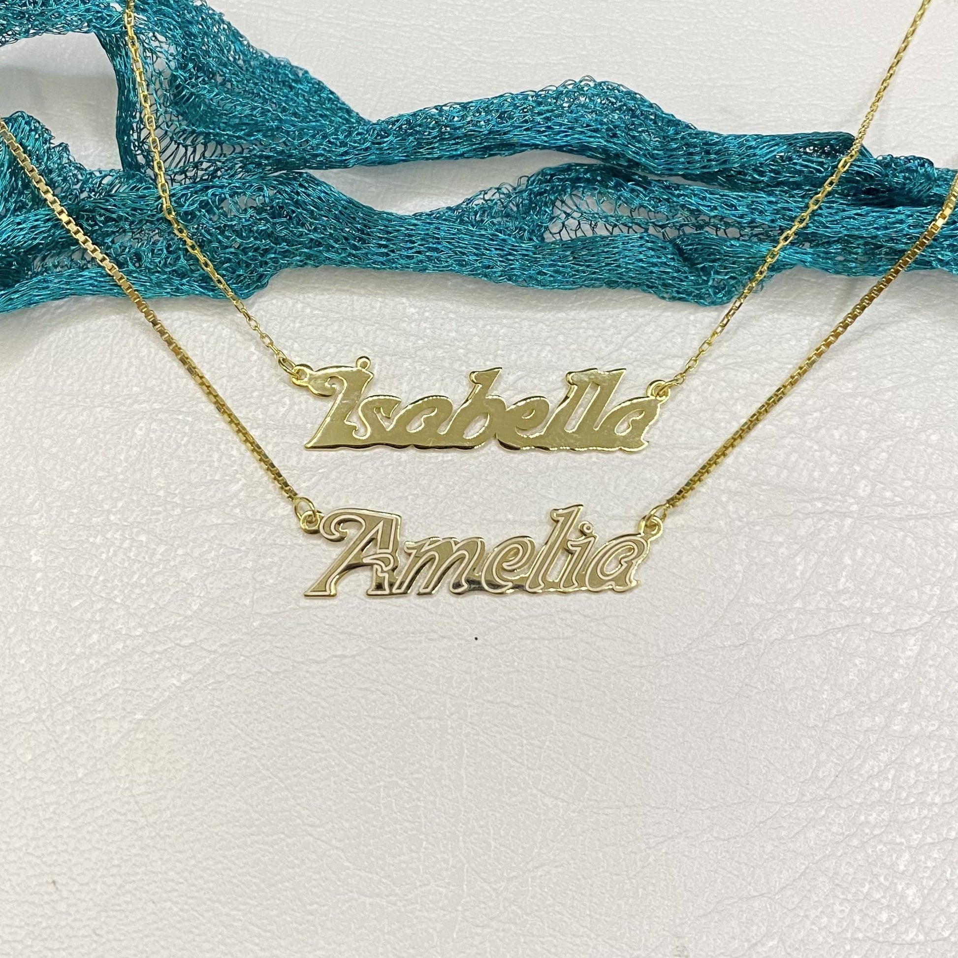 14K Solid Gold Bold Custom Name Necklace with Optional Laser Lines