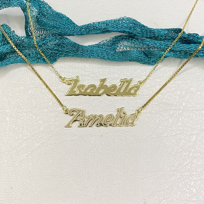 14K Solid Gold Bold Custom Name Necklace with Optional Laser Lines