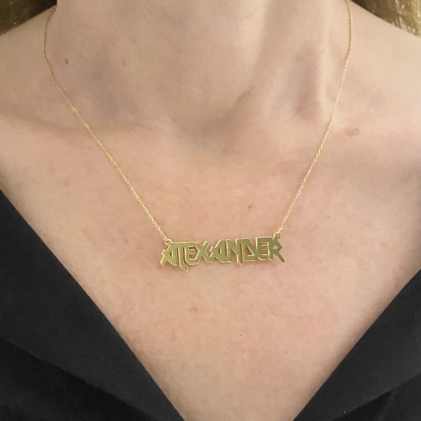 14K Solid Gold Metal Font Custom Name Necklace with Optional Laser Lines