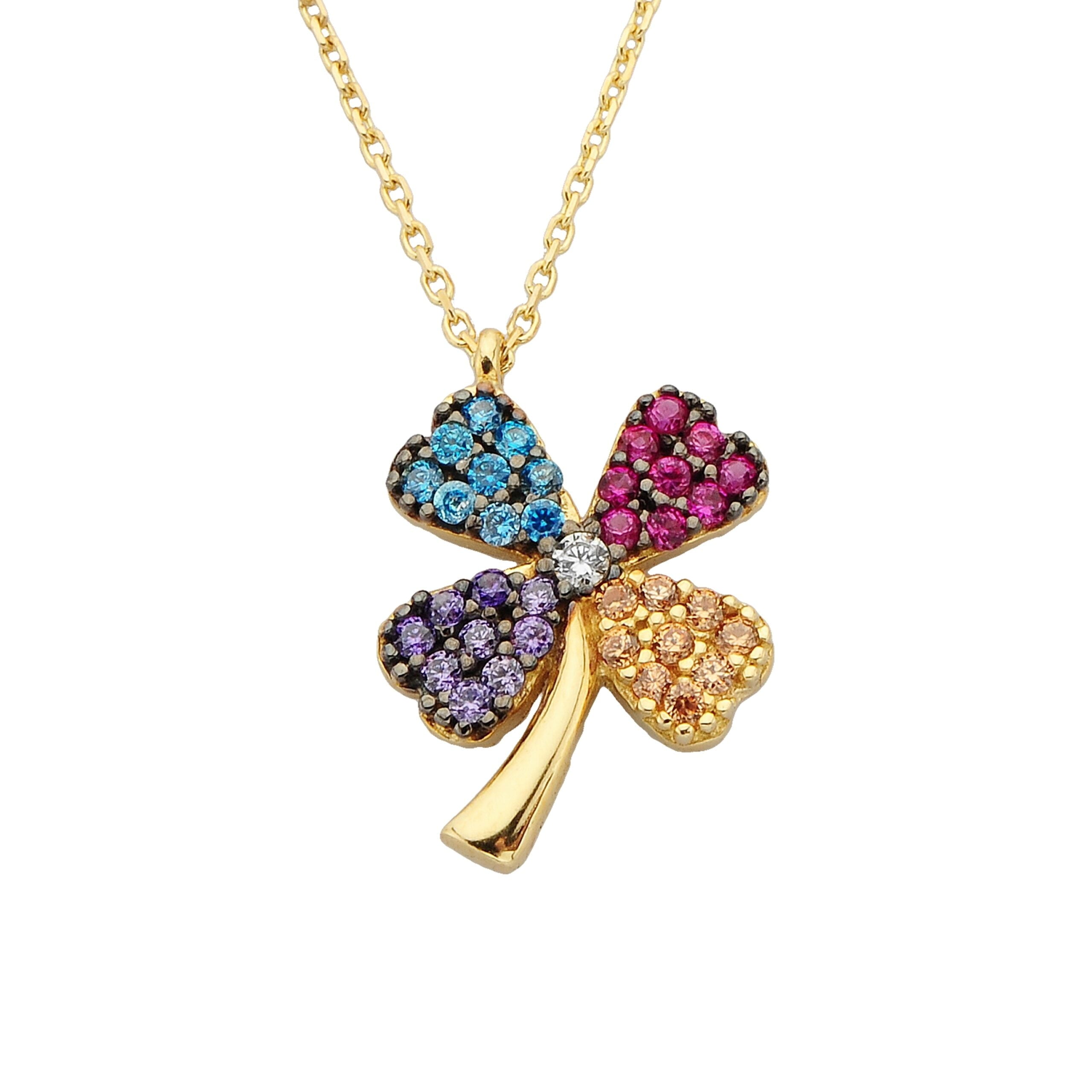 14k Real Solid Gold Four Leaf Clover Chain Necklace for Good Luck with Colorful Cubic Zirconia Best Friend Necklaces Birthday