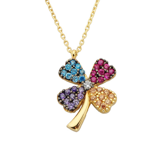 14k Real Solid Gold Four Leaf Clover Chain Necklace for Good Luck with Colorful Cubic Zirconia Best Friend Necklaces Birthday