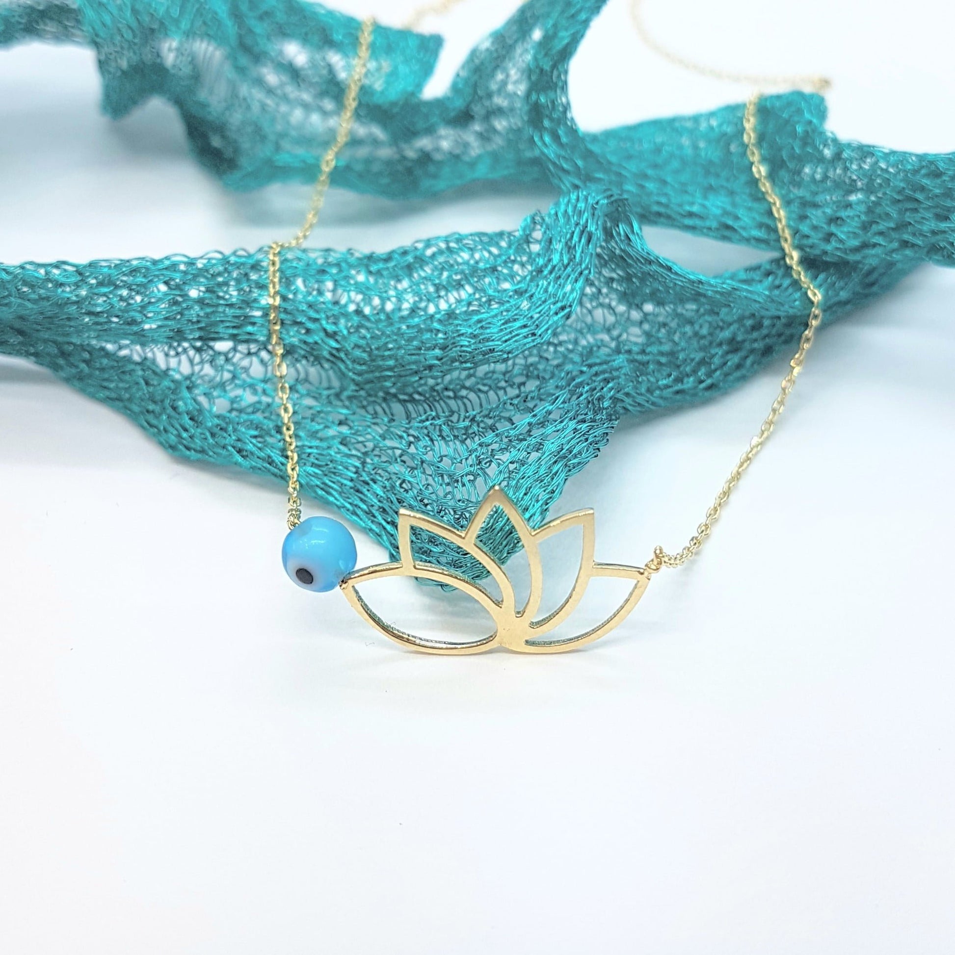 14k Real Solid Gold Lotus Necklace for Women | Lotus Flower Pendant with Evil Eye Birthday Gift