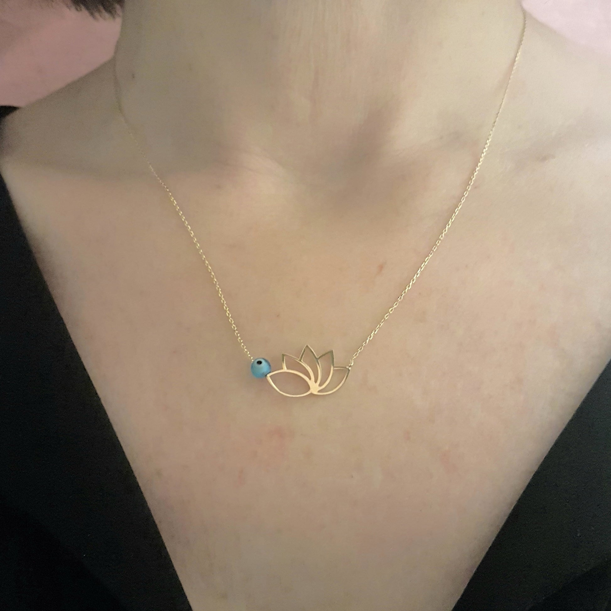 14k Real Solid Gold Lotus Necklace for Women | Lotus Flower Pendant with Evil Eye Birthday Gift