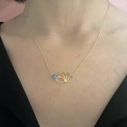 14k Real Solid Gold Lotus Necklace for Women | Lotus Flower Pendant with Evil Eye Birthday Gift