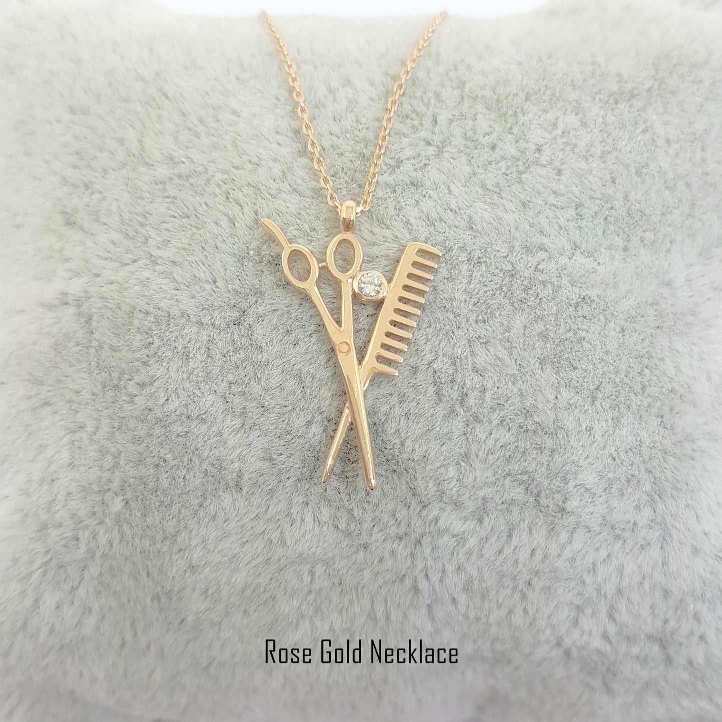 14k Real Solid Gold Scissors and Comb Charm Pendant Necklace Hair Stylist Dresser Salon Gift Fashion Barber Beauty Shop Women Jewelry